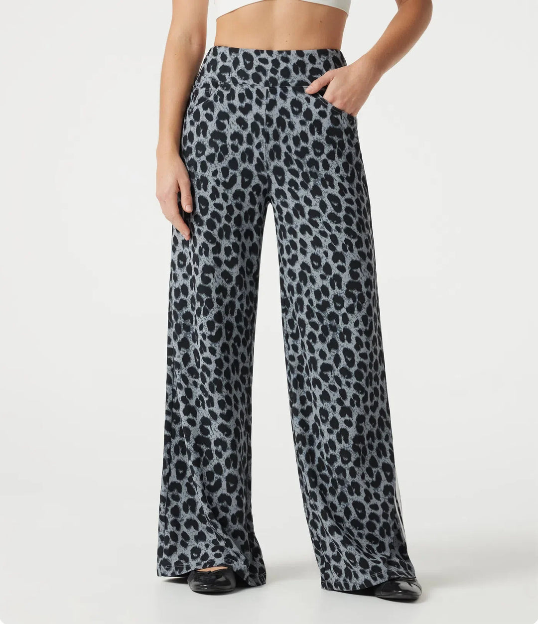 Högmidjad baggy färgblock leopardmönster våffelstruktur vardagsbyxor med fickor