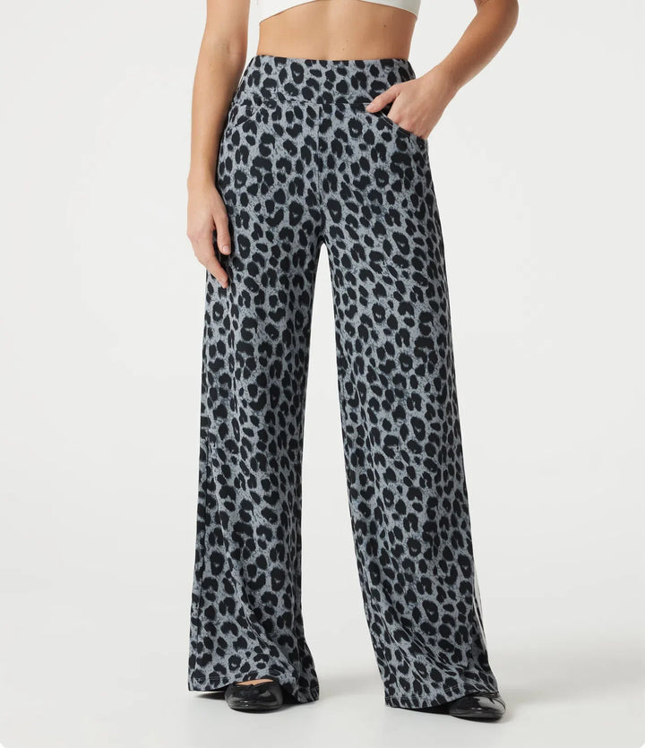 Högmidjad baggy färgblock leopardmönster våffelstruktur vardagsbyxor med fickor