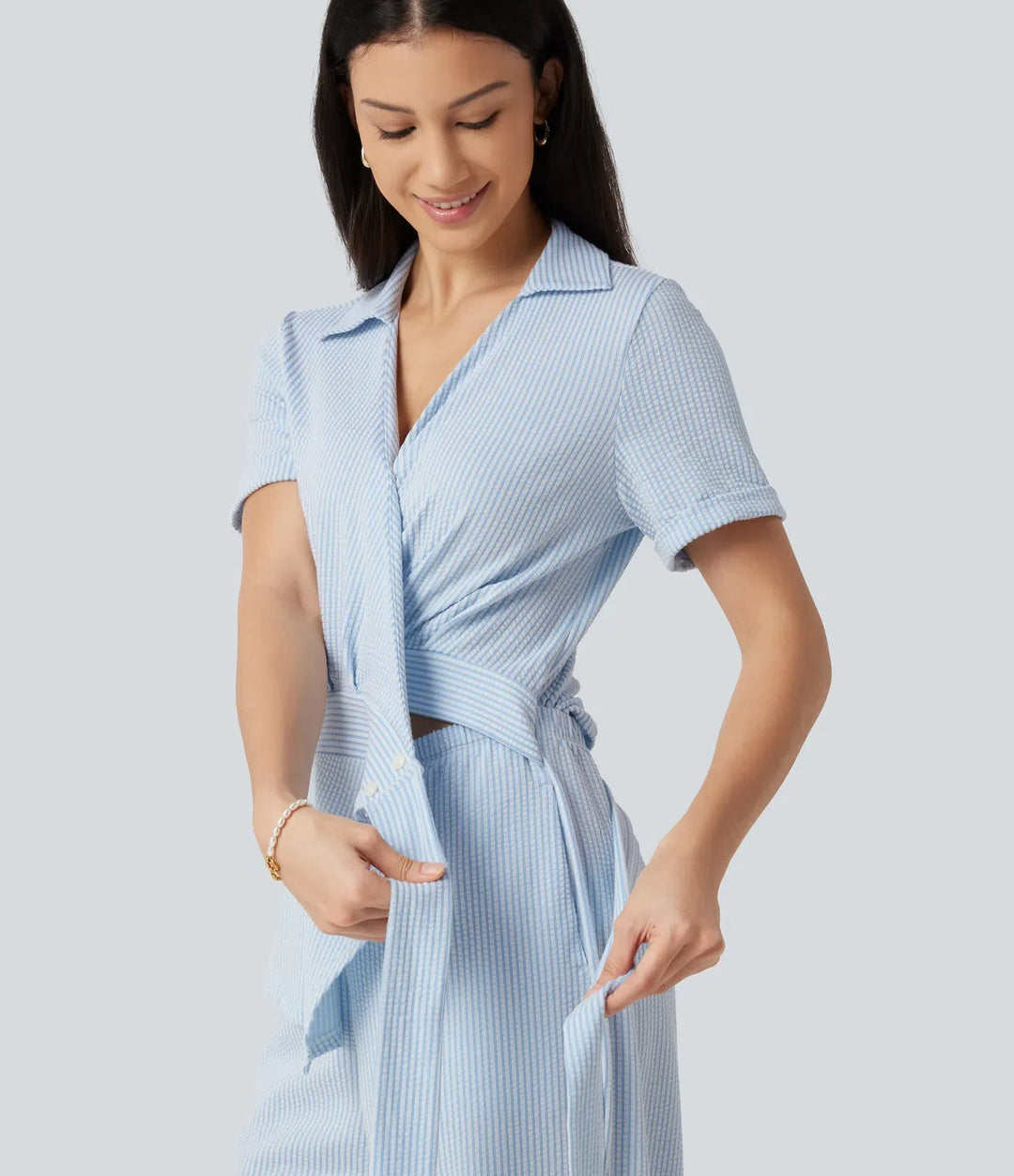 Kortärmad omlott knytning i ryggen randig skrynklad bomull vardaglig skjorta jumpsuit med fickor-Easy Peezy Edition