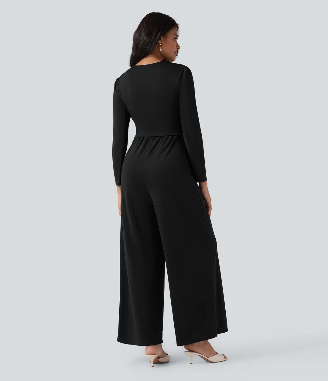 V-ringad långärmad rynkat jumpsuit med fickor-Easy Peezy Edition