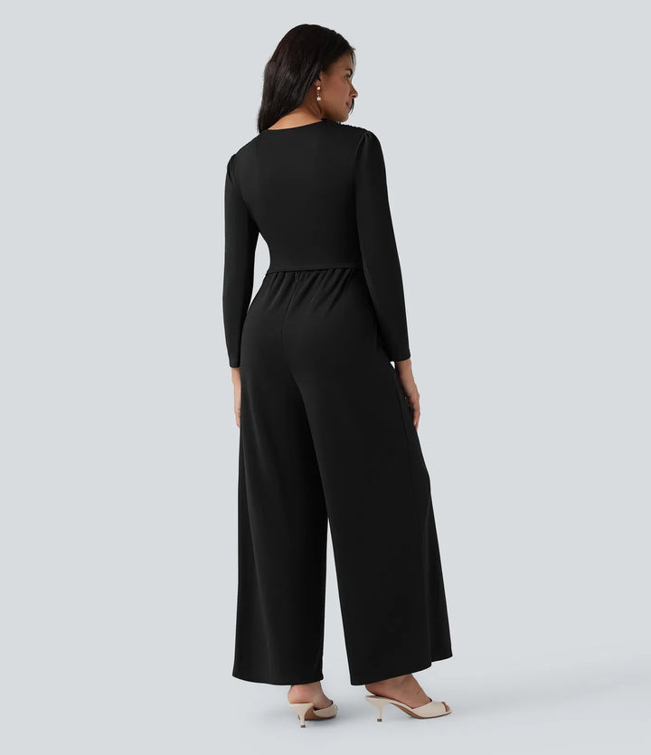 V-ringad långärmad rynkat jumpsuit med fickor-Easy Peezy Edition