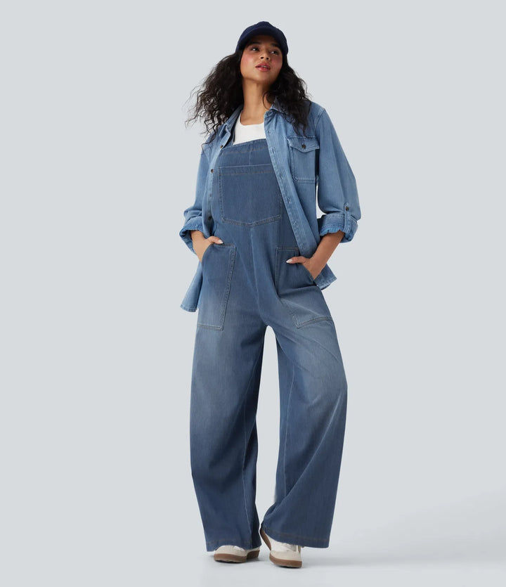 Halara Flex fyrkantig halsringning tvättad denim hängselbyxor för vardag med fickor