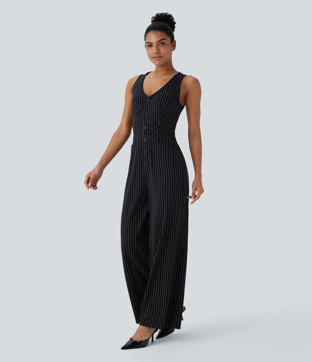 V-ringad ärmlös skuren-ut fickor vida ben randig InstantCool arbetsjumpsuit