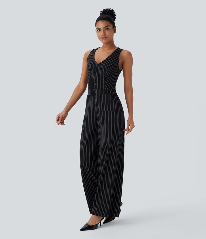 V-ringad ärmlös skuren-ut fickor vida ben randig InstantCool arbetsjumpsuit