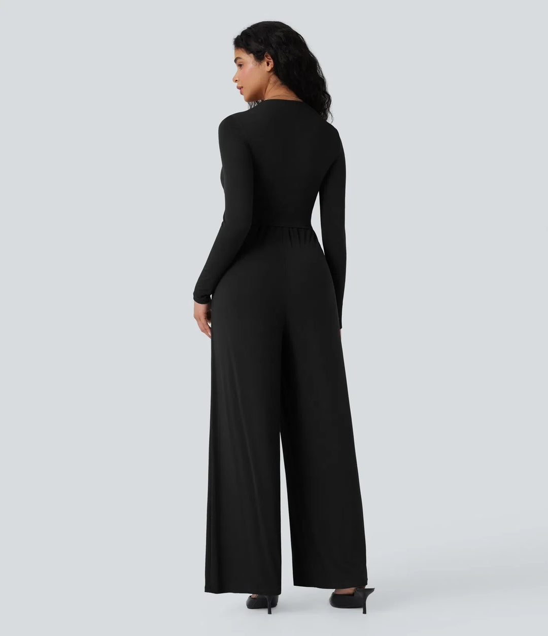 Ribbad V-ringad omlott knytning i ryggen långärmad vida ben vardaglig jumpsuit med fickor-Easy Peezy Edition
