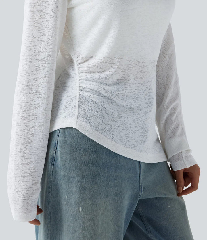 halvtransparent enaxlad långärmad asymmetrisk fåll vardaglig T-shirt