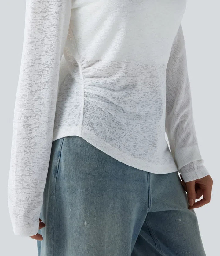 Halvtransparent enaxlad långärmad asymmetrisk fåll T-shirt för vardag