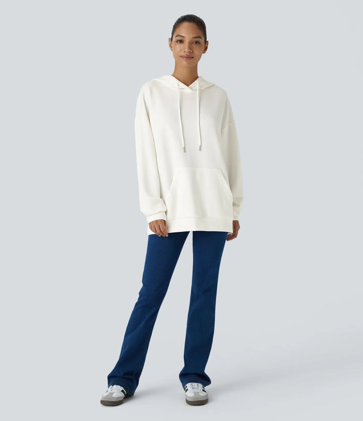 Med huva dragsko långärmad känguruficka crossover vardaglig sweatshirt