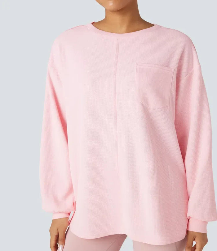 Rund hals långärmad slits fåll våffelstruktur oversized vardaglig sweatshirt med fickor