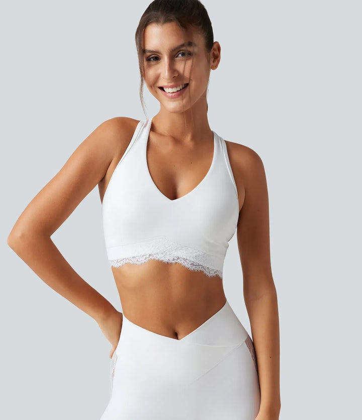 Halara UltraSculpt lätt stöd V-ringning inbyggd bh brottarrygg kontrastspets träning sport-bh
