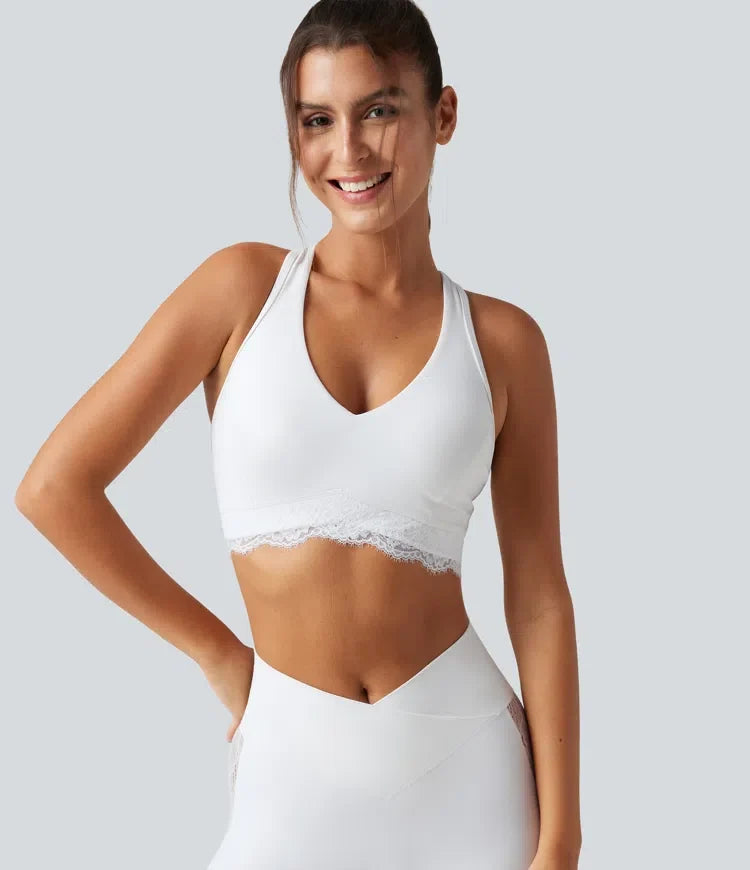 Halara UltraSculpt lätt stöd V-ringning inbyggd bh brottarrygg kontrastspets träning sport-bh