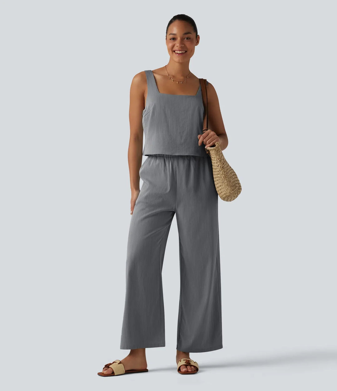 Fyrkantig halsringning ärmlös resort linnekänsla jumpsuit med fickor-Easy Peezy
