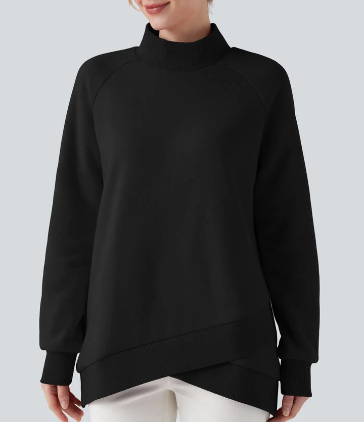 Halvpolo lång raglanärm crossover-fåll fleece vardaglig sweatshirt