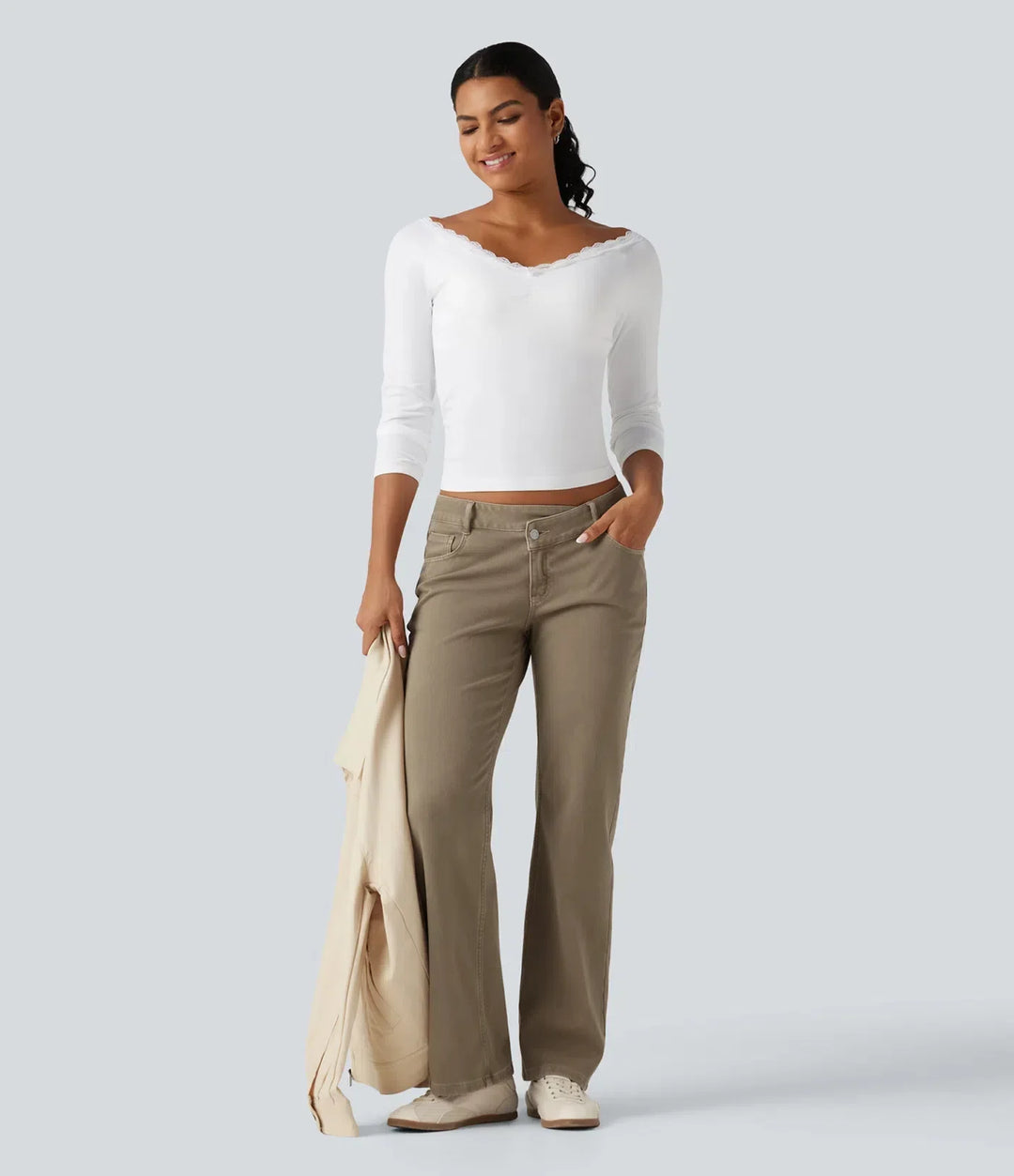 Lyckera Flex låg midja asymmetrisk raka ben färgstark vardagsjeans med fickor
