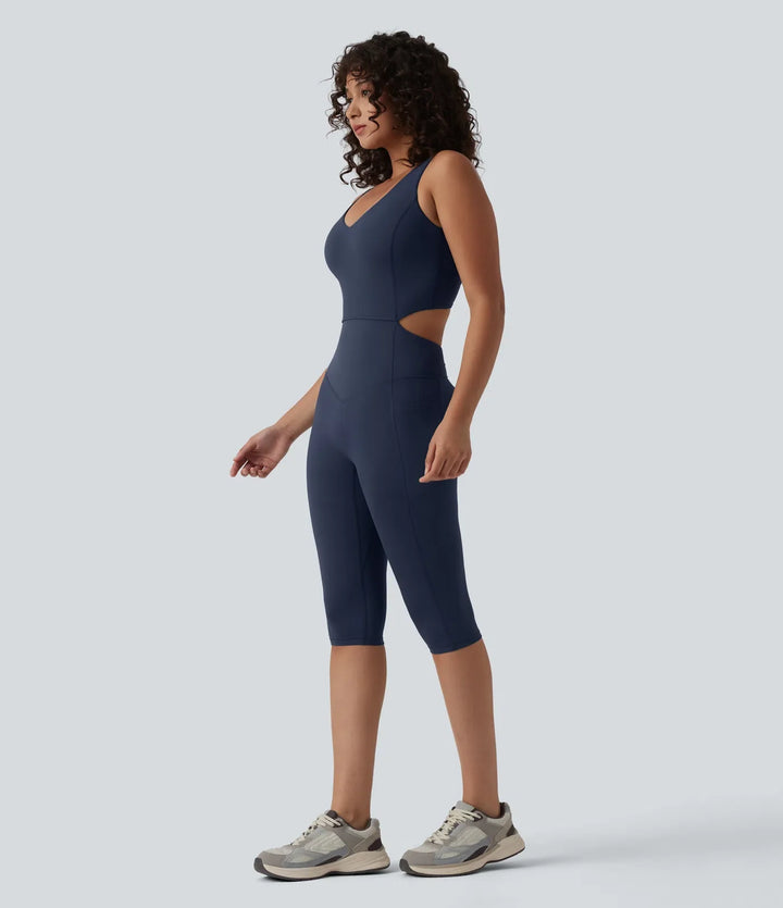 Lyckera UltraSculpt V-ringad magkontroll rumplyftande träning jumpsuit med fickor-Easy Peezy Edition