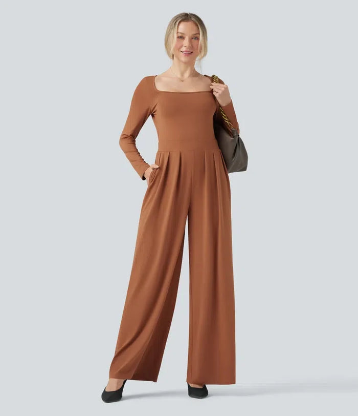 U-ringad långärmad vida ben vardaglig jumpsuit med fickor