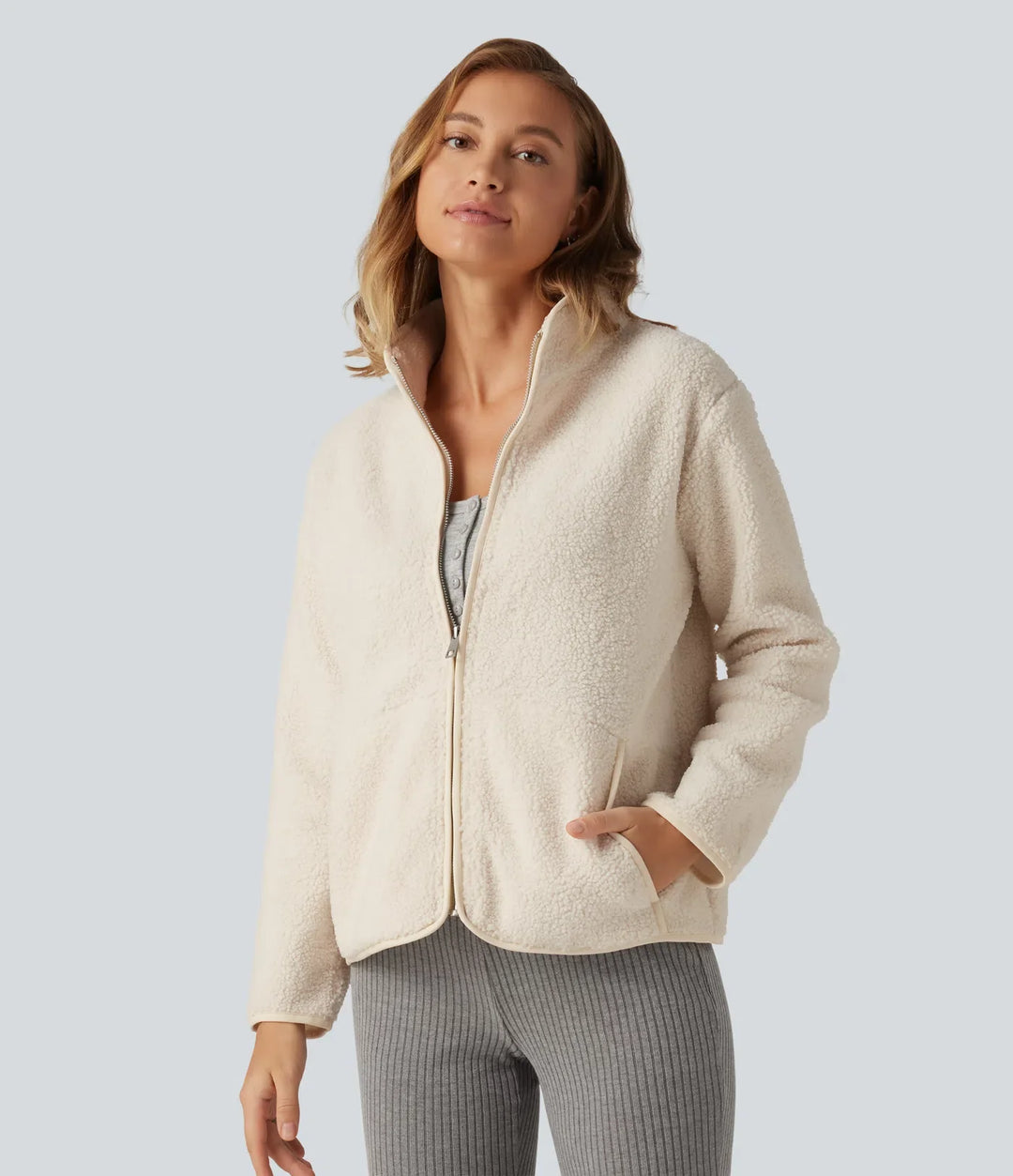 Långärmad vardaglig sherpajacka med fickor
