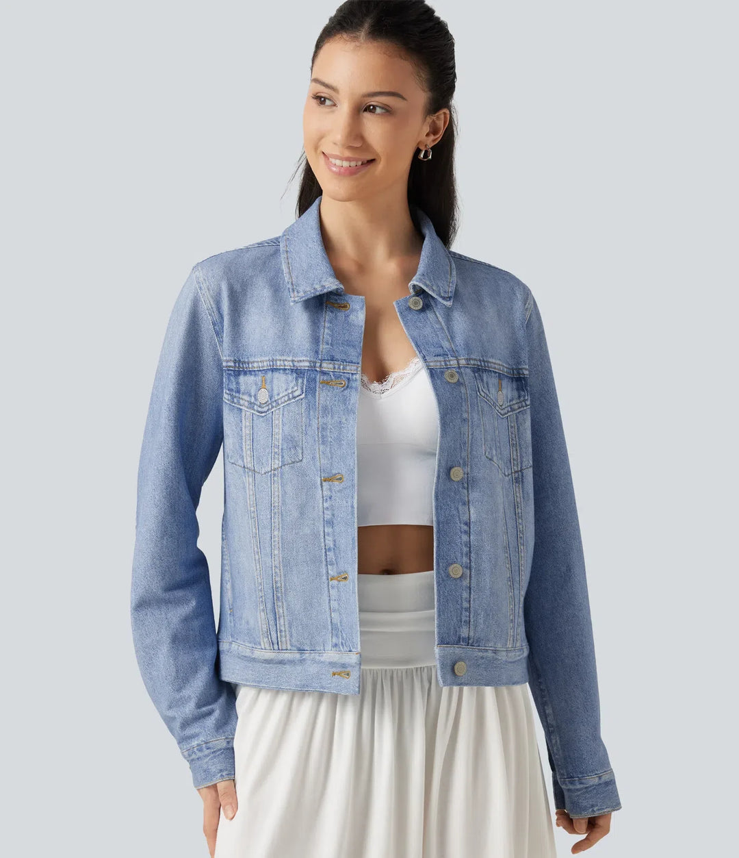 Med krage långärmad denim mönster frotté vardaglig jacka med fickor