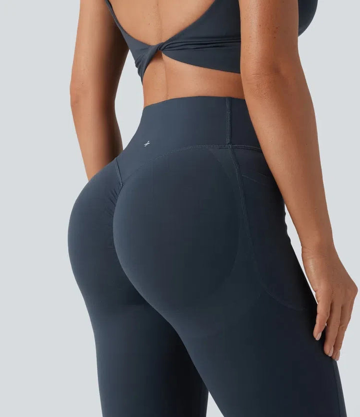 Halara UltraSculpt med hög midja scrunch-effekt rumplyftande magkontroll formande yoga utsvängd leggings med fickor
