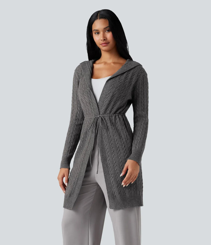 Med huva långärmad dragsko vardaglig lång modell cardigan