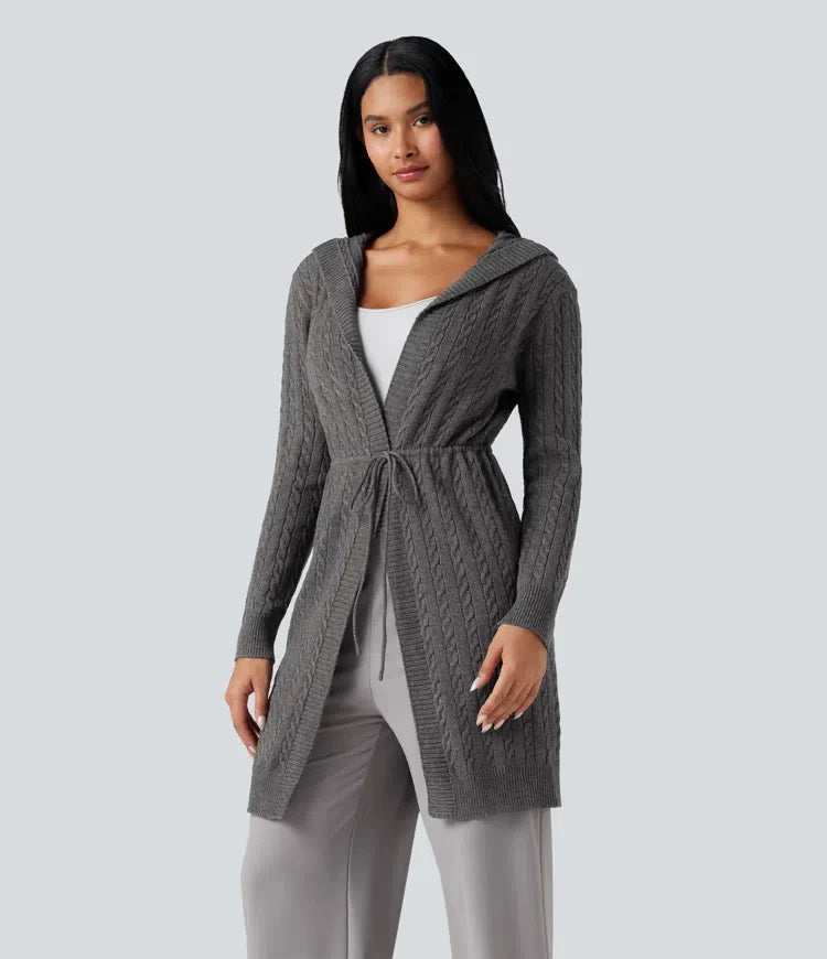 Med huva långärmad dragsko vardaglig lång modell cardigan