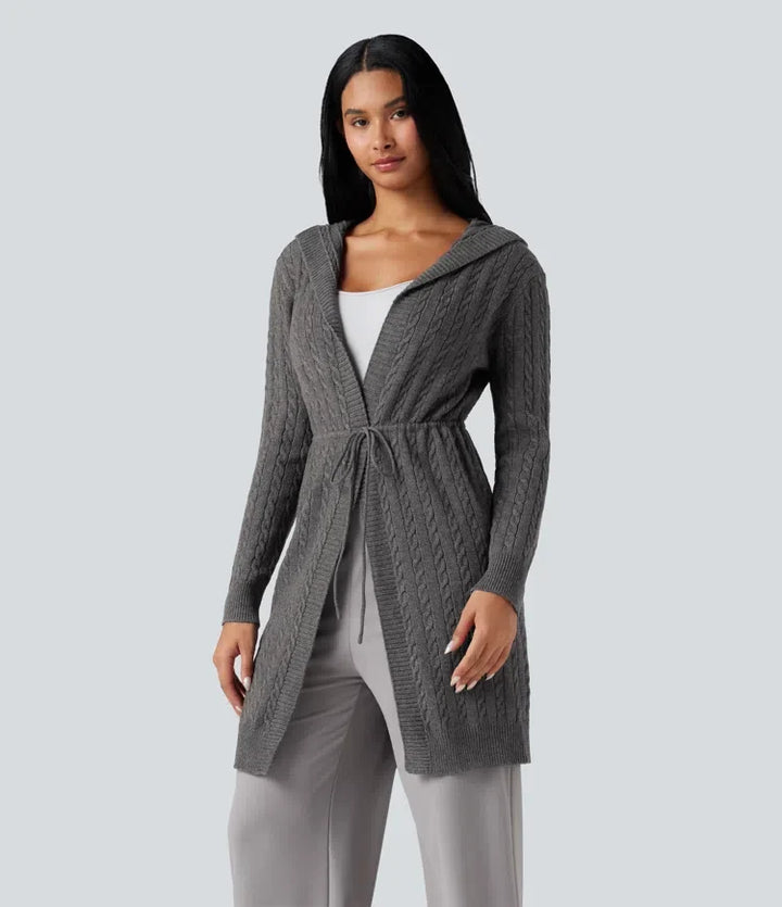 Med huva långärmad dragsko vardaglig lång modell cardigan