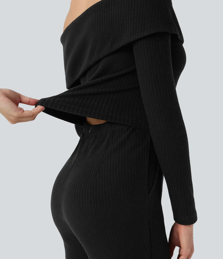 Ribbstickad vikbar bara axlar långärmad bootcut vardaglig jumpsuit med fickor-Easy Peezy Edition