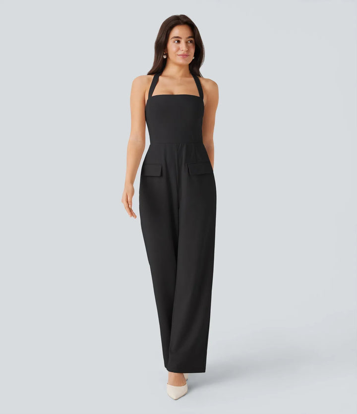 Halterneck justerbar G-krok lock fickor jumpsuit