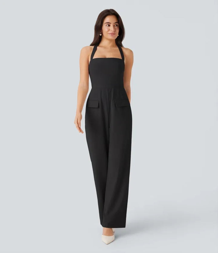 Halterneck justerbar G-krok lock fickor jumpsuit