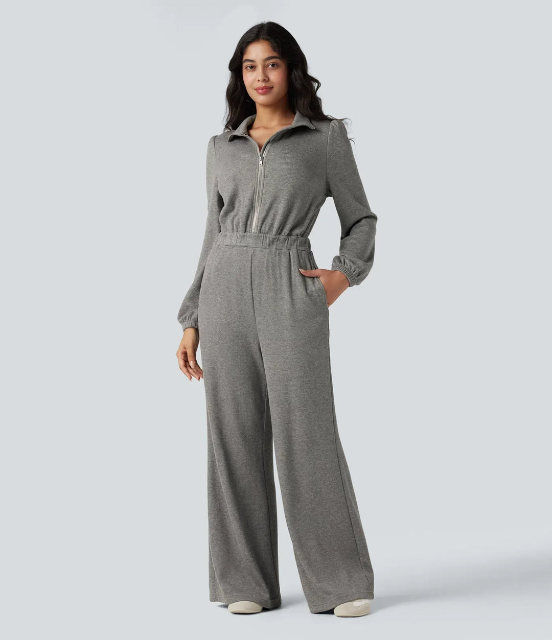 Halv dragkedja långärmad vida ben vardaglig jumpsuit med fickor-Easy Peezy Edition