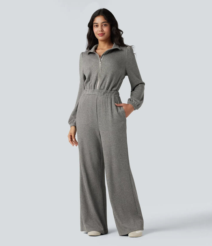 Halv dragkedja långärmad vida ben vardaglig jumpsuit med fickor-Easy Peezy Edition
