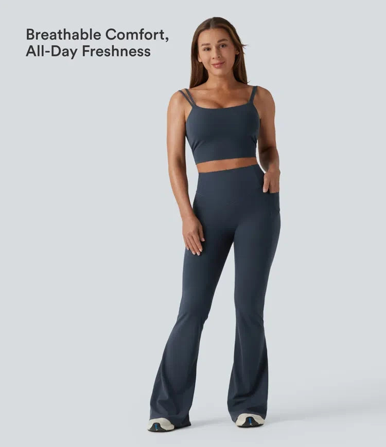 Halara UltraSculpt med hög midja scrunch-effekt rumplyftande magkontroll formande yoga utsvängd leggings med fickor