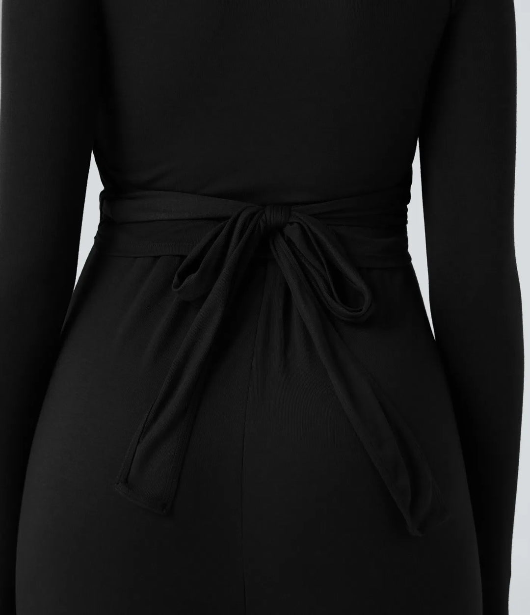 Ribbad V-ringad omlott knytning i ryggen långärmad vida ben vardaglig jumpsuit med fickor-Easy Peezy Edition