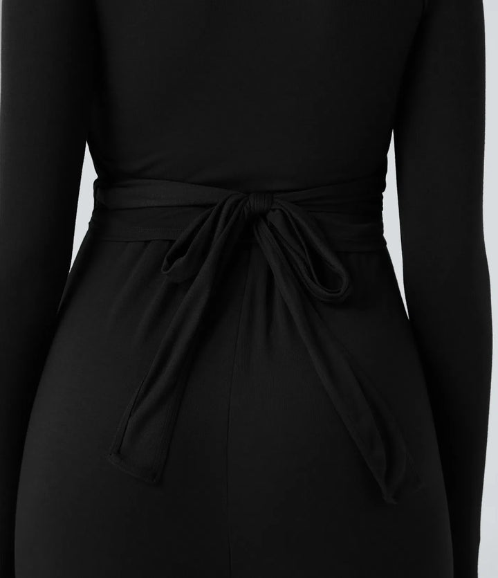 Ribbad V-ringad omlott knytning i ryggen långärmad vida ben vardaglig jumpsuit med fickor-Easy Peezy Edition