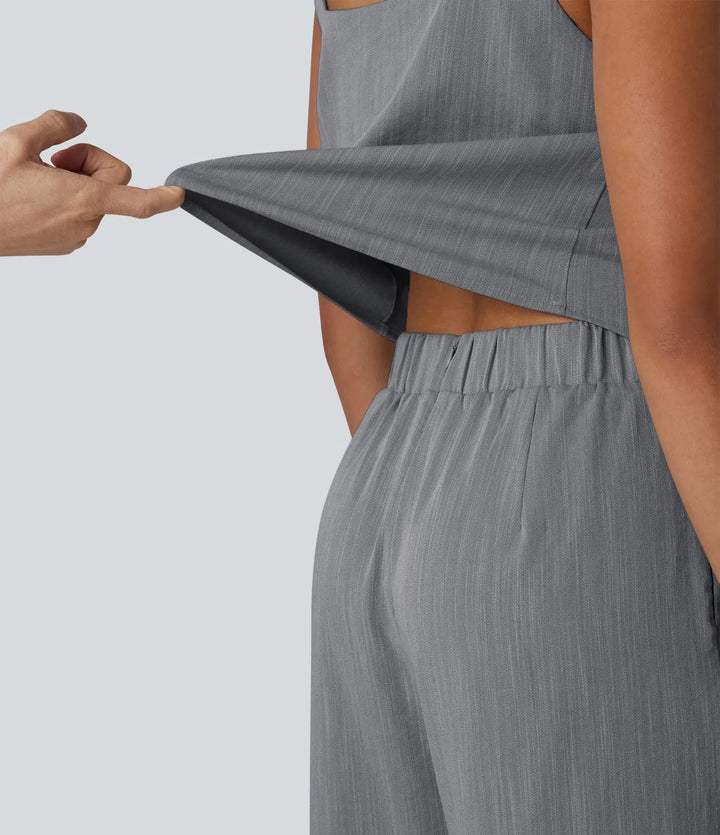 Fyrkantig halsringning ärmlös resort linnekänsla jumpsuit med fickor-Easy Peezy