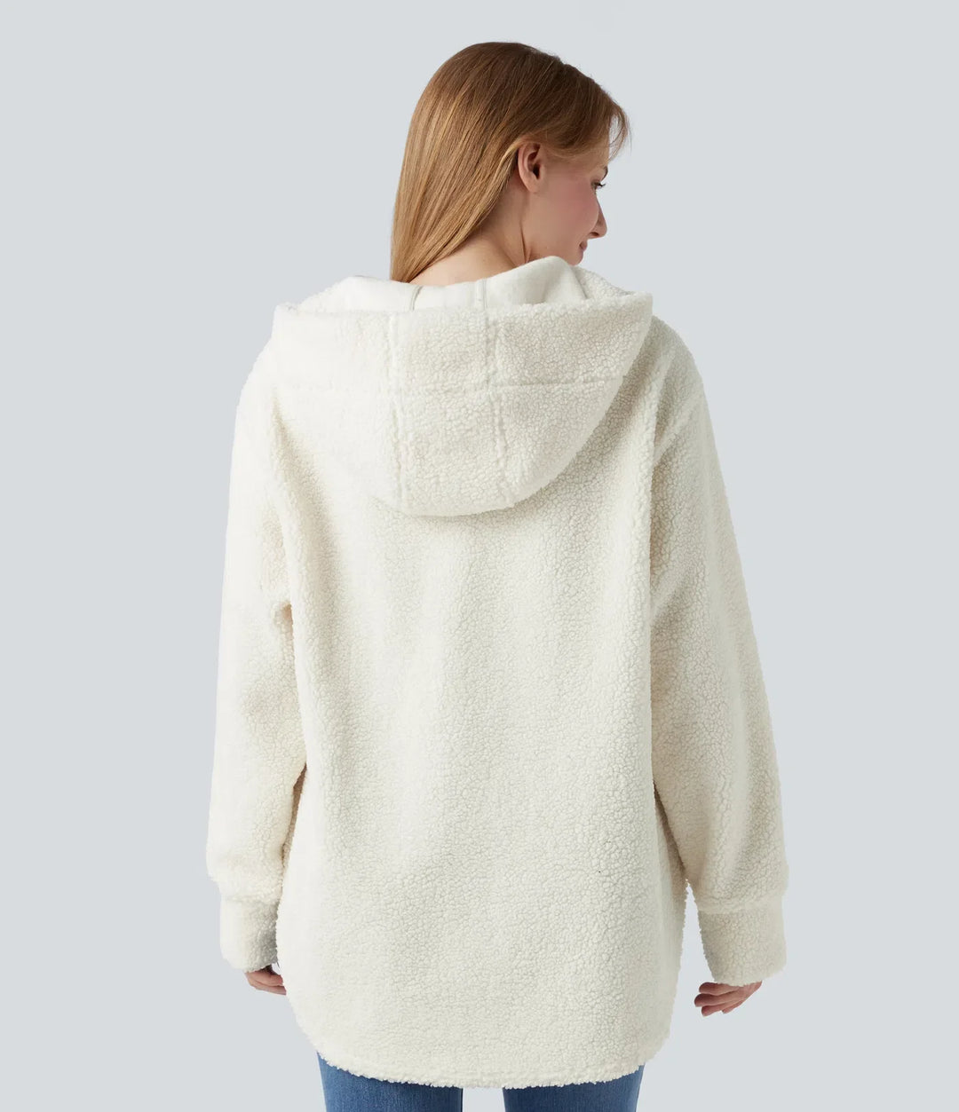 Med huva halv dragkedja rundad fåll oversized vardaglig sherpa sweatshirt med fickor