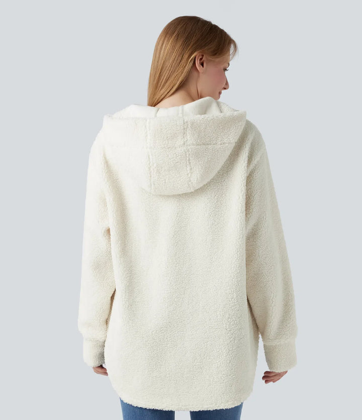 Med huva halv dragkedja rundad fåll oversized vardaglig sherpa sweatshirt med fickor