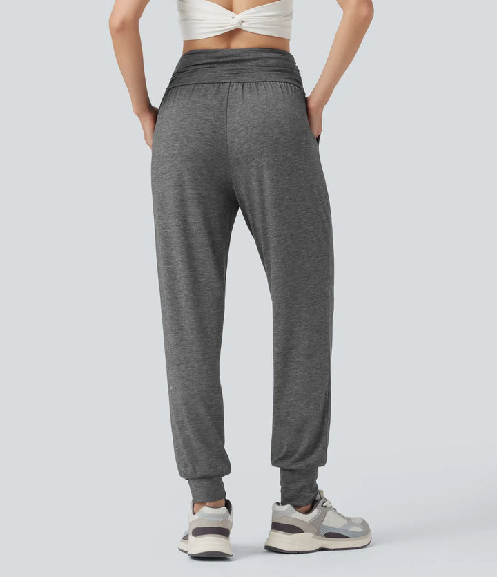 Med hög midja rynklad melerad yoga joggingbyxor med fickor