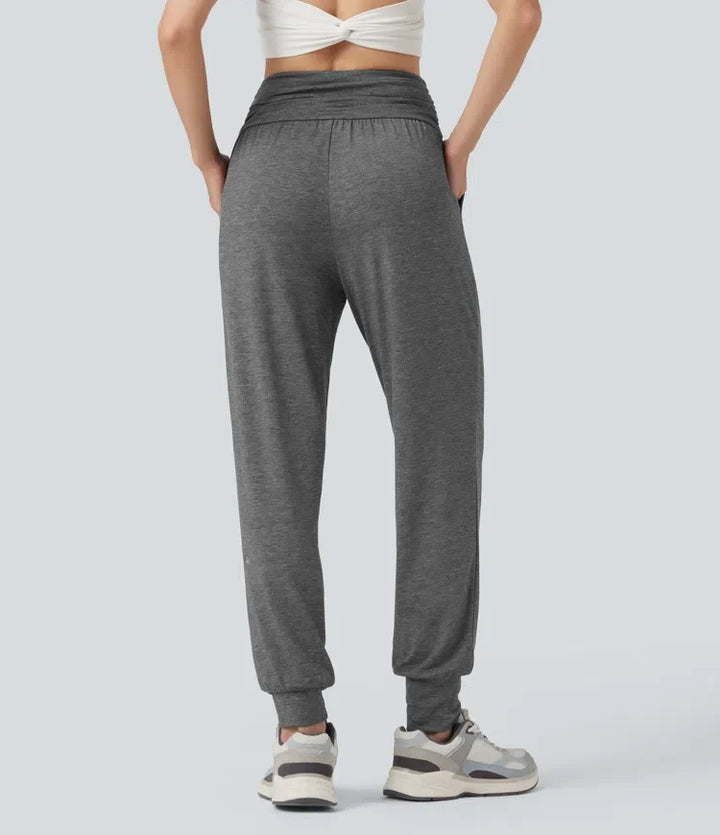 Med hög midja rynklad melerad yoga joggingbyxor med fickor