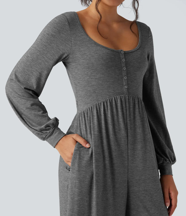 Djup rund halsringning rygglös långärmad melerad vardaglig vida ben jumpsuit med fickor-Easy Peezy
