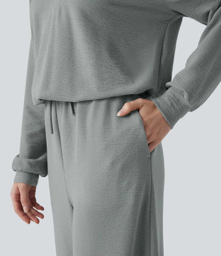 V-ringad långärmad dragsko vardaglig jumpsuit med fickor-Easy Peezy