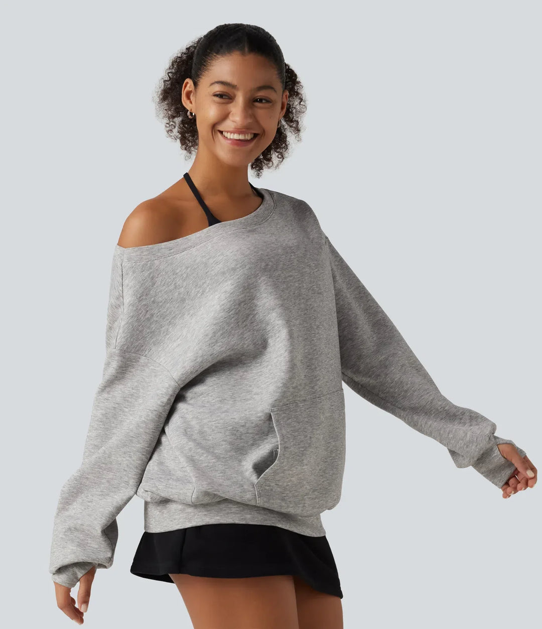 Enaxlad långärmad pullover vardaglig sweatshirt med ficka och tumhål