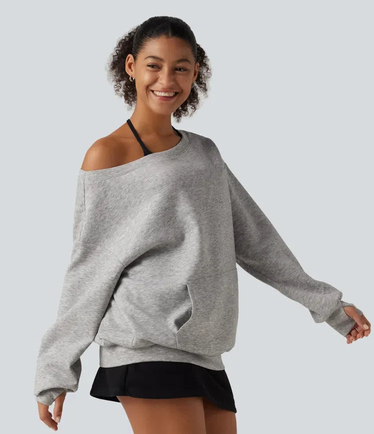 Enaxlad långärmad pullover vardaglig sweatshirt med ficka och tumhål