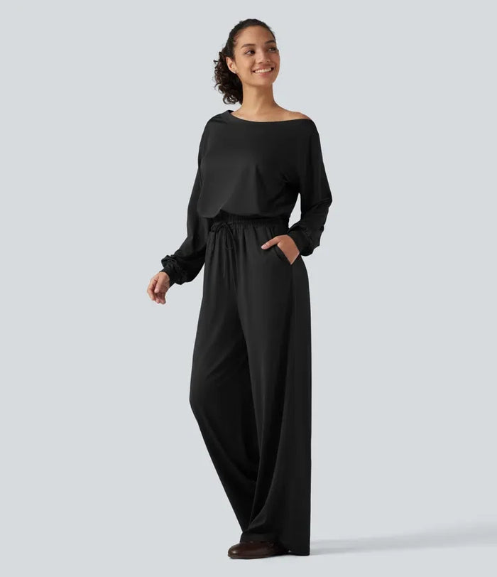 Enaxlad långärmad dragsko baggy vardaglig jumpsuit med fickor-Easy Peezy Edition