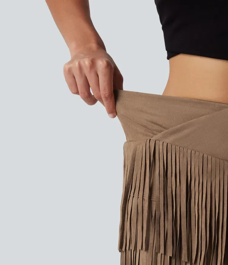 Crossover högmidjad 2-i-1 fransad fåll kroppsnära mini mocka festkjol-längre längd