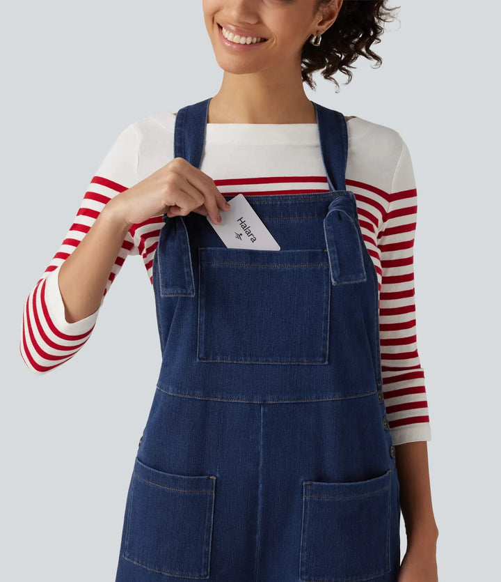 Lyckera Flex denim fyrkantig halsringning ärmlös avsmalnande vardaglig jumpsuit med fickor