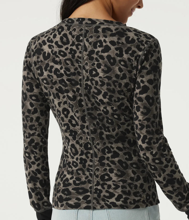 Rund hals leopardmönster långärmad vardaglig T-shirt med tumhål