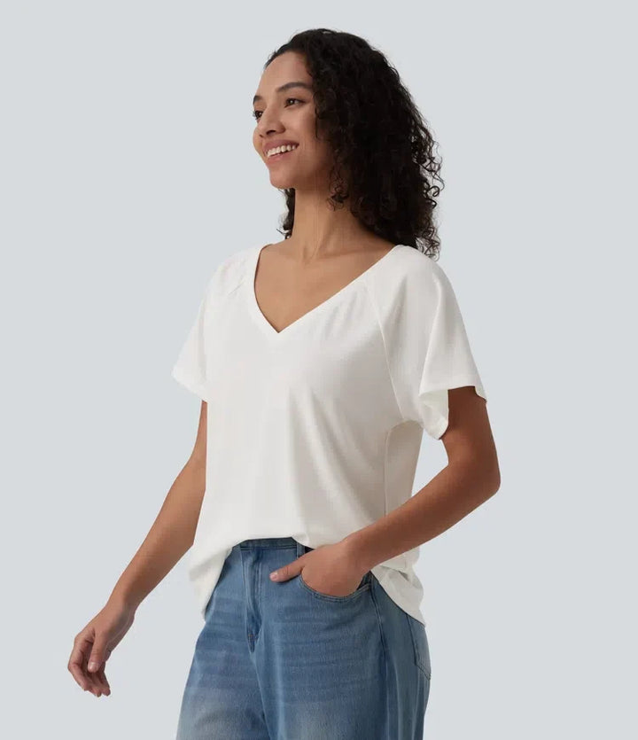 V-ringning raglan kortärmad avslappnad T-shirt för vardag
