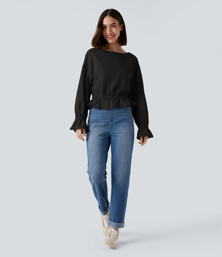 Rund hals långärmad volangfåll vardaglig bomull sweatshirt