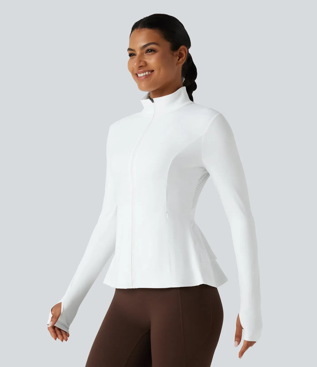SoftlyZero luftig ståkrage långärmad tumhål hålbroderi volangfåll InstantCool yogajacka med fickor-UPF50+